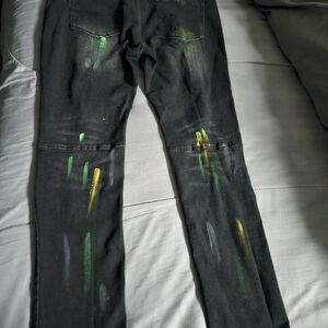 Men's Black Jeans with Artistic Green and Yellow Accents